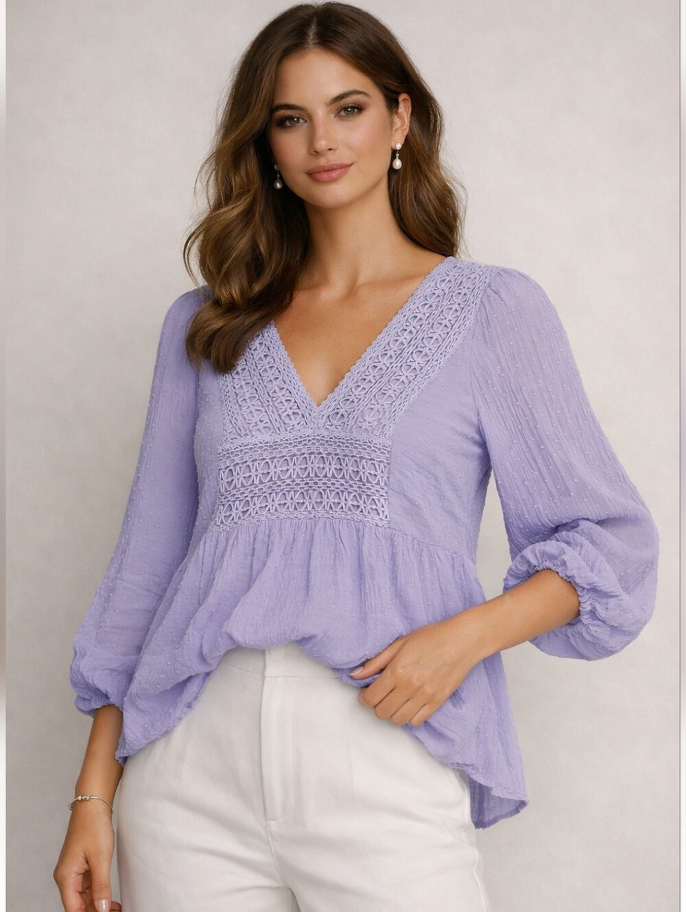 a.n.a Blue Crochet-Trim V-Neck Peasant Top Size XL